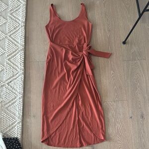 TALULAH Orange Pink Ruched Tie Front Sheath Midi Dress